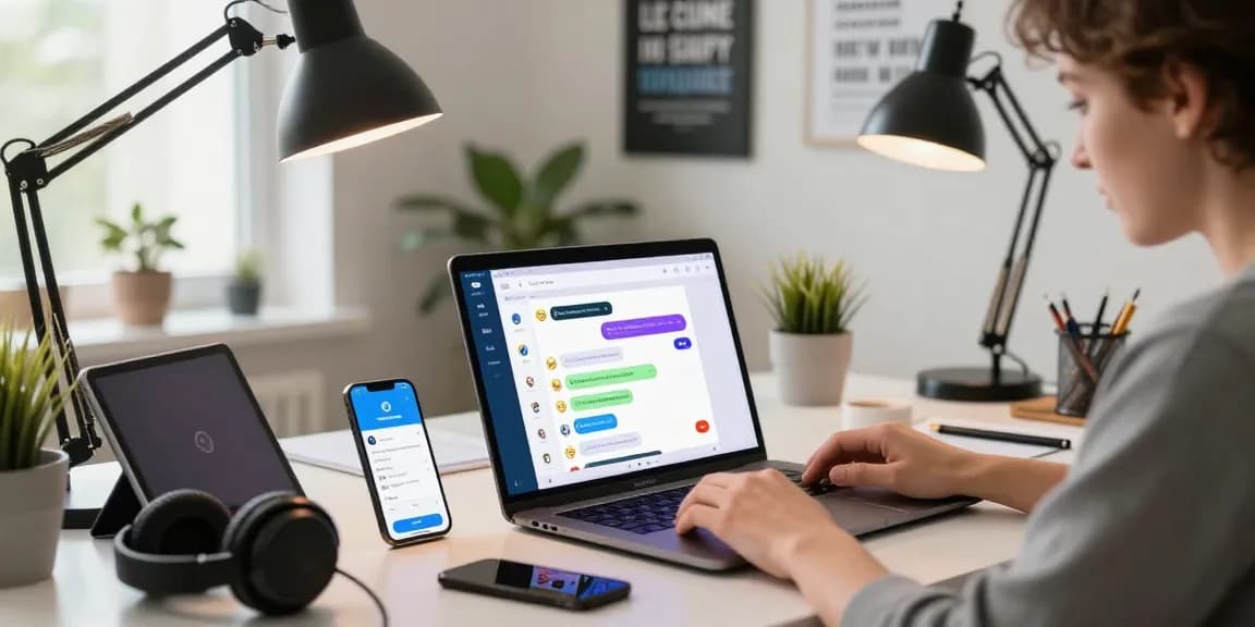 Accessing the Telegram Web Version from a modern workspace with laptop and smartphone.