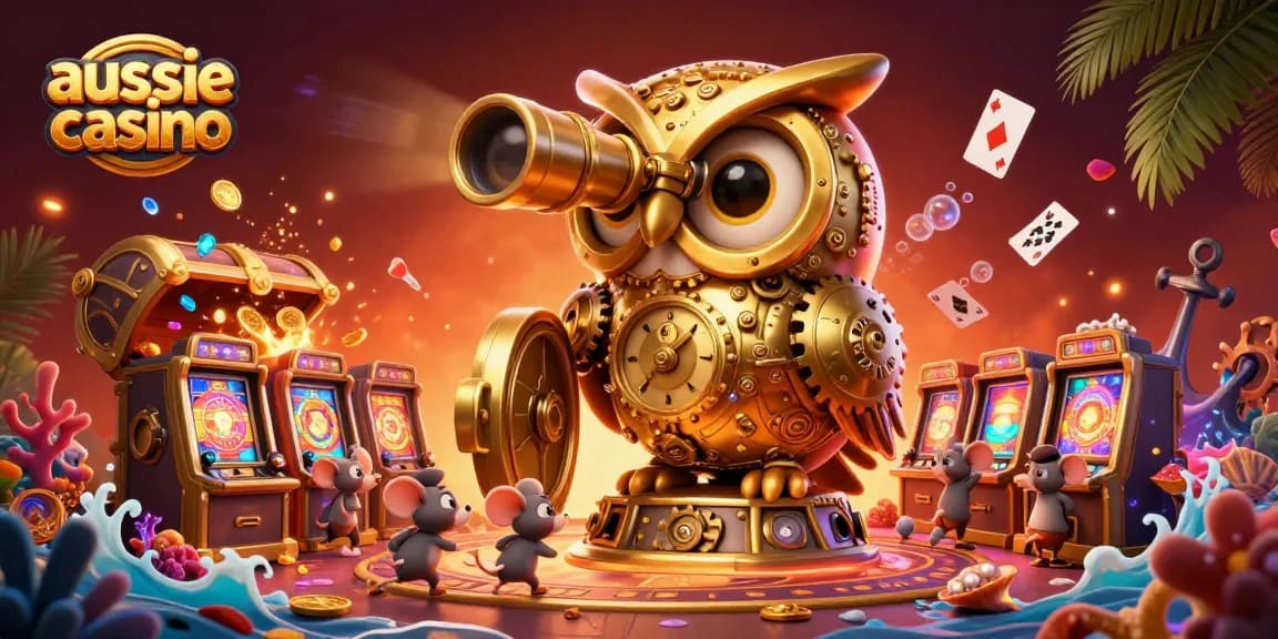 A massive clockwork golden owl guards the vibrant scene of an aussie casino bustling with activity and adventure.