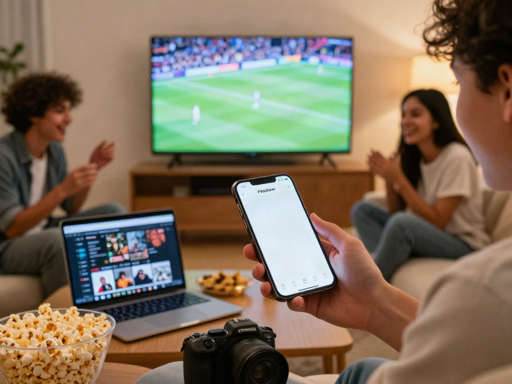 Group enjoying movies and sports using PikashowTV on smartphone and TV in cozy living room.