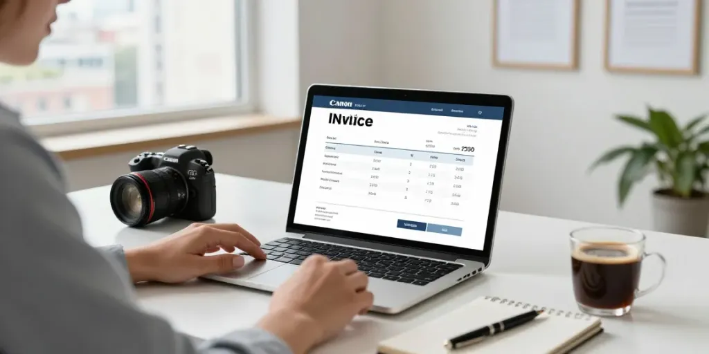 Professionele omgeving voor gratis factuur maken met laptop en persoonlijke branding.