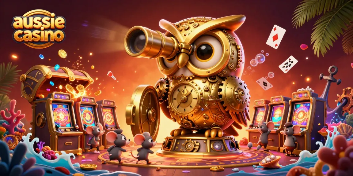 A massive clockwork golden owl guards the vibrant scene of an aussie casino bustling with activity and adventure.