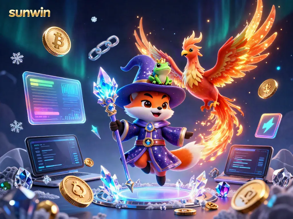 Experience thrilling gameplay at sunwin with a magical 3D illustration of a wizard and phoenix.