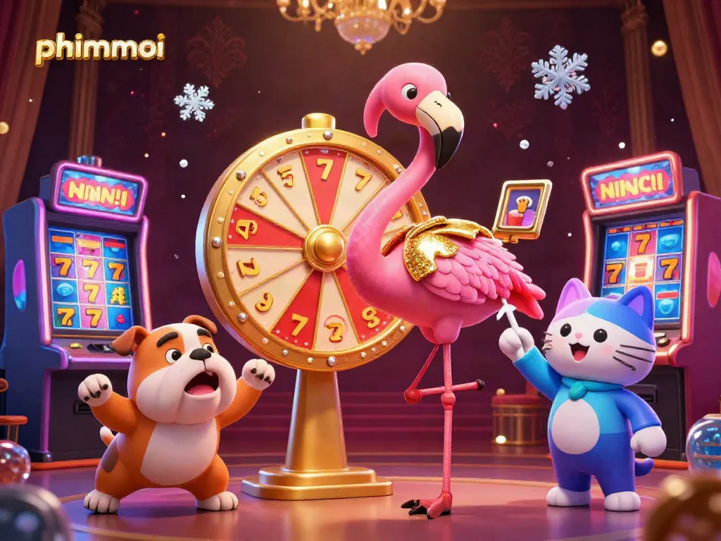 Experience phimmoi's vibrant casino excitement as a flamingo host spins a prize wheel with animated companions.