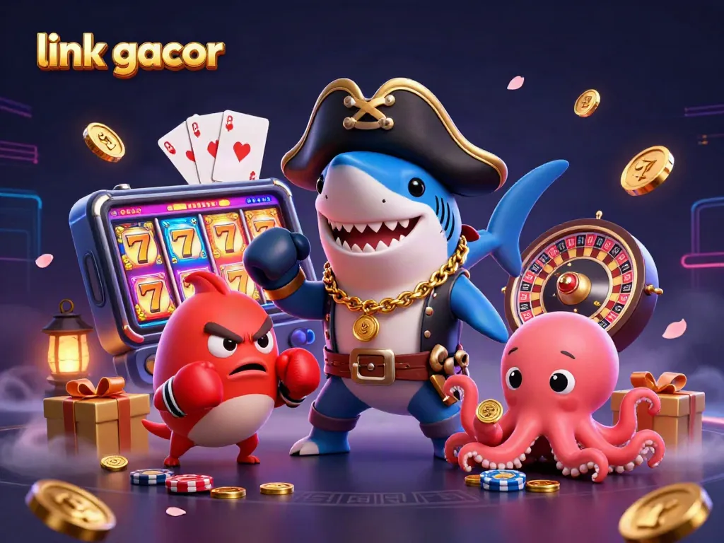 Engage with the link gacor slot experience, featuring animated characters and vibrant casino elements.