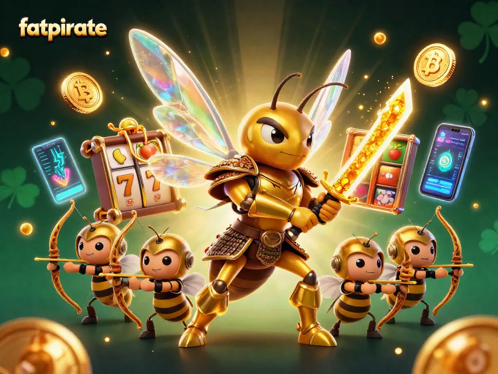 Win big with fatpirate at this vibrant 3D casino scene filled with slot reels and crypto elements.