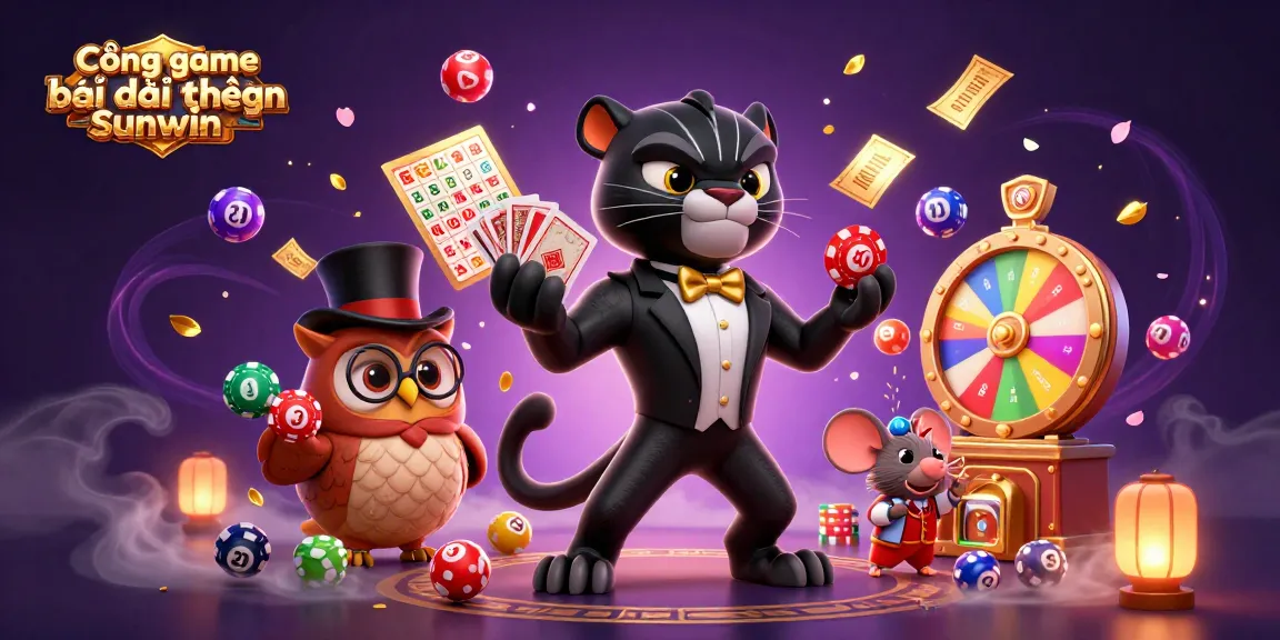 Cổng game bài đổi thưởng Sunwin features a stylish black panther dealing cards with an owl and a mouse in a casino scene.