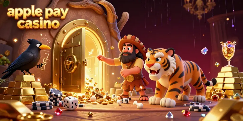 Experience the excitement of an apple pay casino with a caveman and a sabertooth duo at their prehistoric gaming table.