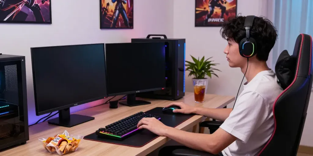 Gamer at a stylish setup, highlighting rokok88 login experience with mechanical keyboard and RGB lighting.