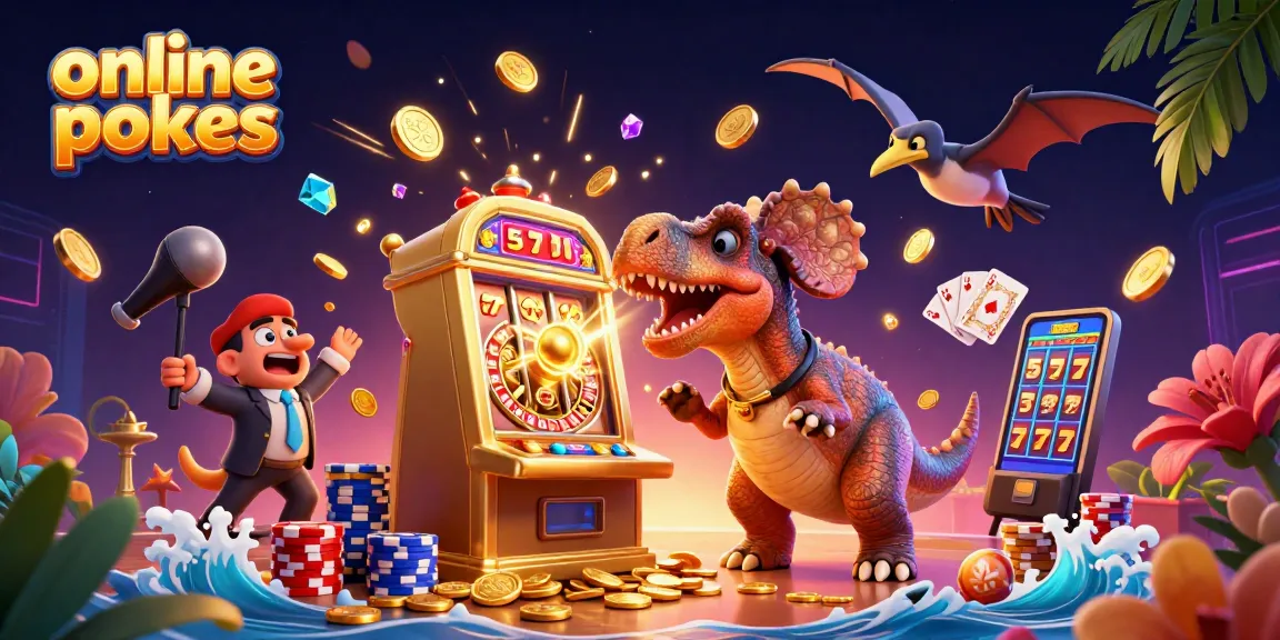 Engage with online pokies as a dinosaur hits a jackpot, coins flying in a colorful casino scene.