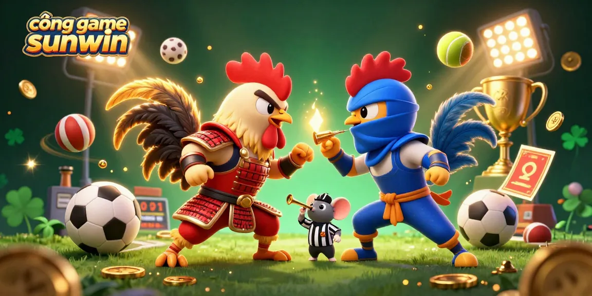 Experience the excitement at cổng game sunwin with dynamic visuals of cartoony roosters and vibrant sports elements.