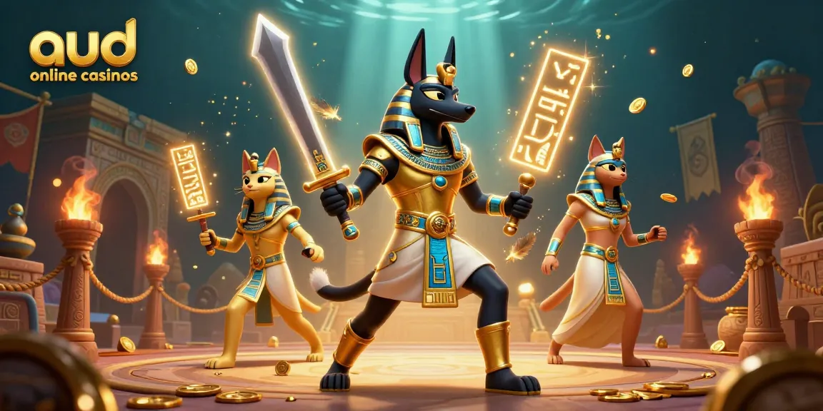 Experience the excitement of aud online casinos with Anubis and Bastet in a vibrant 3D casino scene.